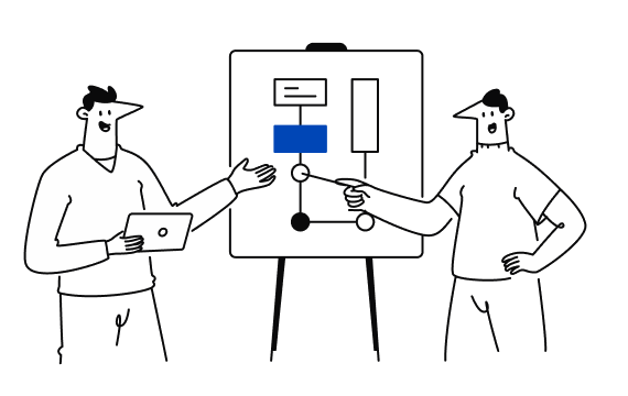 Two people planning together at a whiteboard